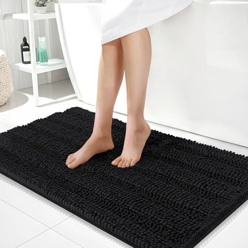 Image of OLANLY Thick Large Bathroom Rugs 40x24, Extra Soft Absorbent Chenille Striped Bath Rugs, Rubber Backing, Machine Wash Dry, Bath Mats for Bathroom Floor, Tub and Shower, Home Decor Accessories, Black
