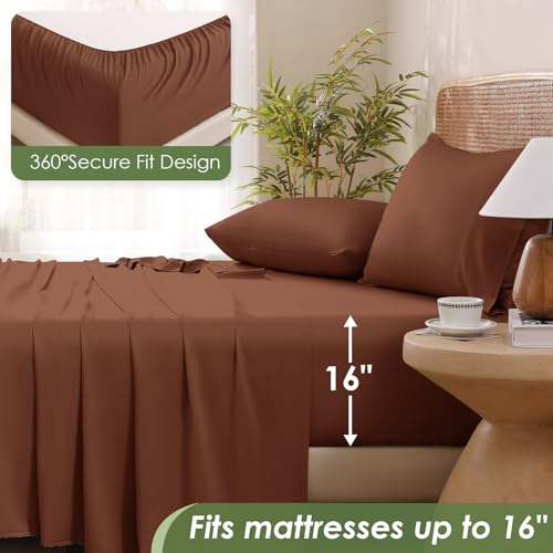 Image of MICORAL Queen Sheet Set, Rayon Derived from Bamboo Cooling Sheets for Queen Size Bed Set, Breathable & Soft, Deep Pocket Up to 16 inch, Hotel Luxury Silky Bedding for Hot Sleepers, Brown