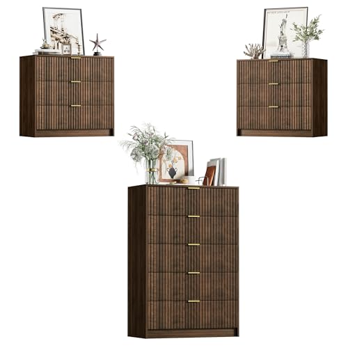 Image of Furniway 3 Piece Bedroom Set, 5 Drawer Dresser and 3-Drawer Nightstand Set of 2 with Gold Handles, Mid-Century Modern Wood Chest of Drawers Storage Cabinet for Bedroom, Walnut