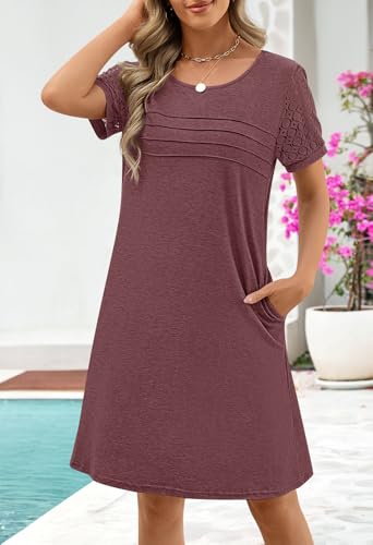 Image of MEROKEETY Women's Summer Short Lace Sleeve T Shirt Dress Casual Crew Neck Pleated Front Shift Dresses