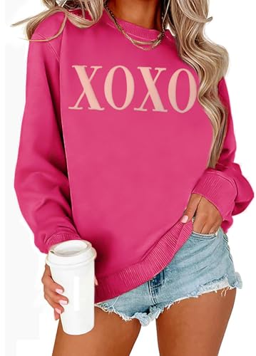 VVNTY Women Valentines Sweatshirt: Sparkly Letter Print Long Sleeve Pullover Tops Rosepink