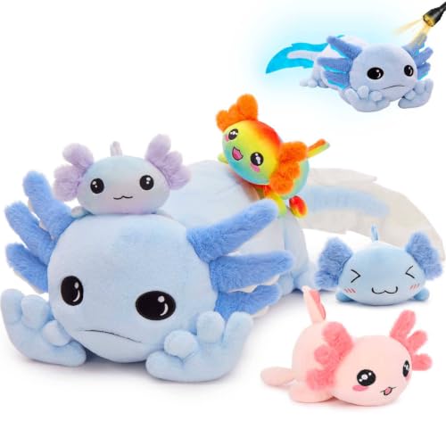 Image of MaoGoLan 5 Pcs Axolotl Stuffed Animal with 4 Babies, 31.5 inch, Blue | Glow in The Dark Axolotl Plush Pillow for Girl Boy Kid, Soft Long Salamander Plushies for Birthday Gift Baby Shower Decor,