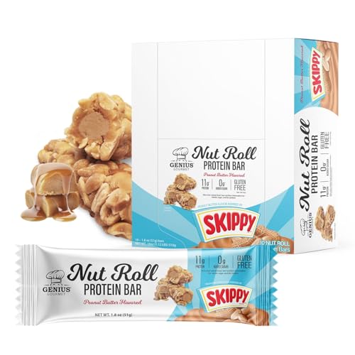 Genius Gourmet SKIPPY Peanut Butter Flavor Inspired Protein Nut Roll Bar 11g Protein per serving(18% DV) 0g Added Sugar Carb Conscious Snack Bar Gluten Free 10 Count