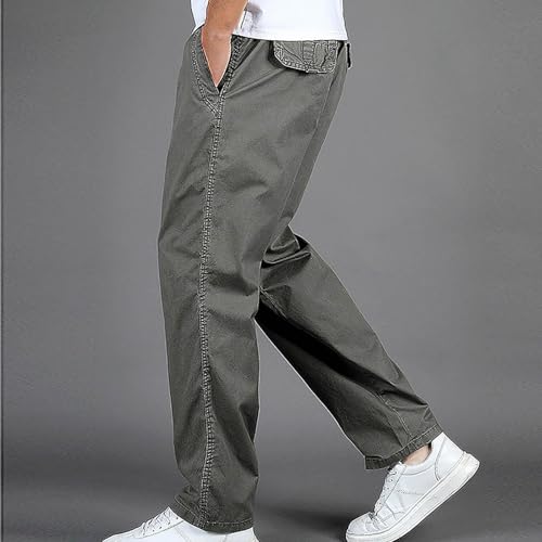 Cotton Pants for Men Plus Size Solid Stretch Elastic Waist Casual Trousers with Pocket Dress Pants Lightweight Comfy4