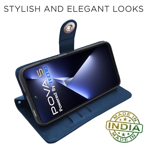 Image of Pikkme Tecno Pova 5 / Tecno Pova 5 Pro 5G Flip Cover Leather Finish | Inside TPU with Card Pockets | Wallet Stand and Shock Proof | Complete Protection Button Flip Case (Blue)