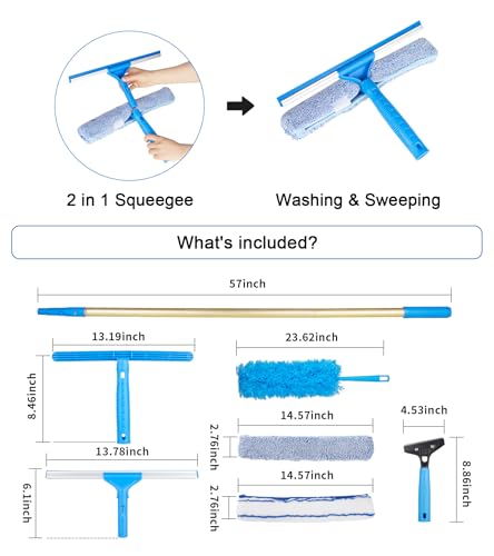 Image of 2 in 1 Window Squeegee Cleaning Kit with Aluminum Alloy Extension Poles, Scrubber, Glass Scrapper, Bendable Duster,2 Scrubber Cloth for Window, Car, Floor, Home, Garden