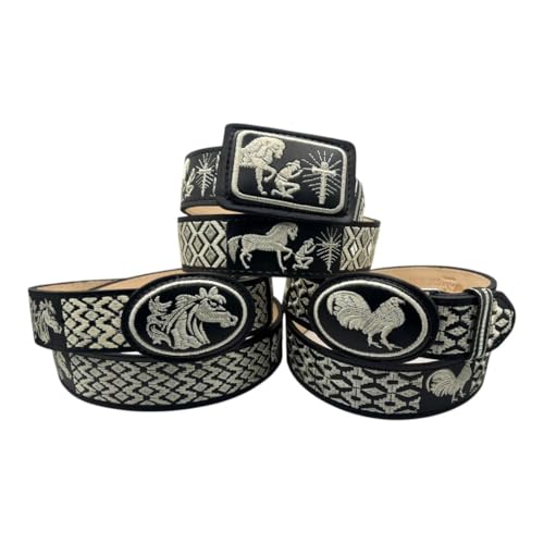 La Mejor Lista de Talla 32 comprados en linea. 47 Tuxcinturones Cinturón Vaquero Bordado Tipo Piteado, Unisex, Piel Bovina, 4 cm Ancho, Diseños Únicos, Tallas 32-38 (Negro hilo blanco, Talla 32)