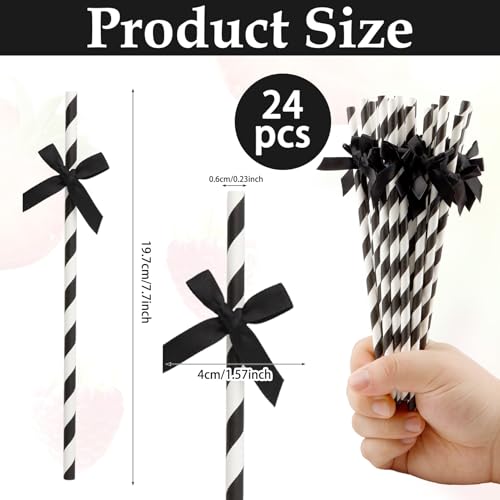 24 pitillos desechables de papel negro con lazo 7.75 pulg miniatura 2