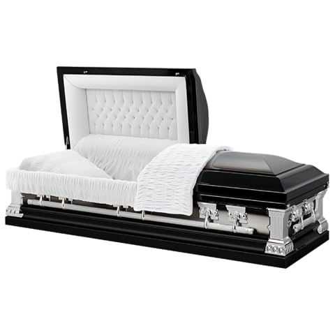 Overnight Caskets LINCOLN Metal Funeral Casket Black with White Velvet Interior - Premium 18-Gauge Steel - Fully Appointed Adult Casket - Coffin Featuring Velvet Interior Lining w/Pillow & Throw Set