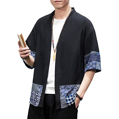 Image of PRIJOUHE Men's Kimono Jackets Cardigan Lightweight Casual Cotton Blends Linen Seven Sleeves Open Front Coat Outwear