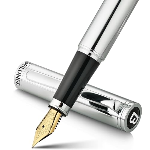 Image of BEILUNER Silver Fountain Pen,Stunning Luxury Pens with Bright Silver Chrome, Gorgeous 24K Gilded Nib(Medium), Fancy Pen Gift for Men&Women -Ink Converter-Elegant, Office,Nice Pen for Writing