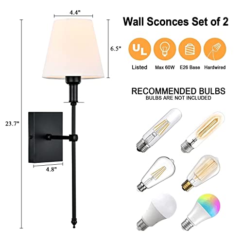 Pauwer Slim Wall Sconce Set Of 2 White Fabric Shades Wall Sconce Hardwired Indoor Wall Light Column Stand Bedroom Wall Lamps Bathroom Vanity Light Fixture, Black #TOP2