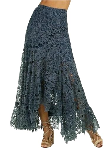 Women's Boho Lace Maxi Skirt, Asymmetric Hem Hollow Out Beach Resort Skirt