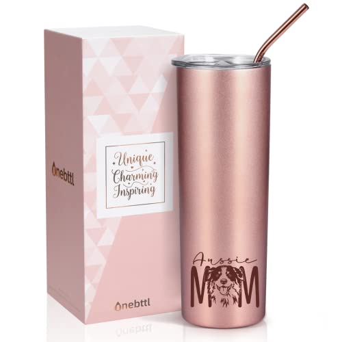 Onebttl Australian Shepherd Gifts for Women, Aussie Mom Gifts, 20 oz Rose Gold Insulated Tumbler - Aussie Mom
