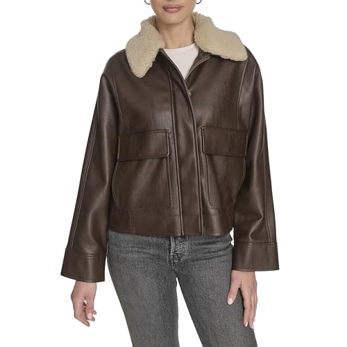 Levi's Women's Relaxed Faux Leather Aviator Jacket with Removable Sherpa Collar