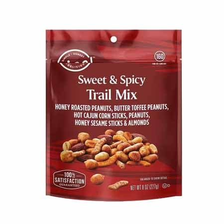 Sweet & Spicy Snack Trail Mix Nice Blend: Honey Roasted Peanuts, Butter Toffee Peanuts, Hot Cajun Corn Sticks, Honey Sesame Sticks, Almonds 8oz