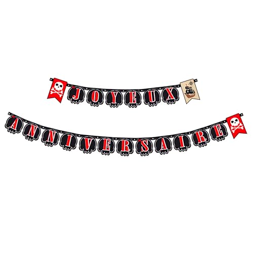 Guirlande Joyeux Anniversaire Pirate, Noir et Rouge, 240 cm x 14 cm, Décoration Fête Thème Pirates, Décorations Et Fournitures De Fête d'anniversaire, pour Filles...