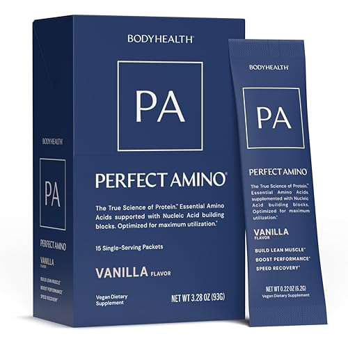 Image of BodyHealth PerfectAmino Powder - BCAA and EAA Powder for Pre and Post Workout - Amino Acid Energy Drink for Men and Women to Support Lean Muscle and Recovery - Vanilla - Stick Packs - 15 Servings
