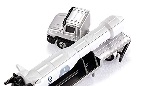 siku 1614, Tieflader mit Rakete, Metall/Kunststoff, Silber/Weiß, Ausklappbare Abschussvorrichtung, Abnehmbare Rakete