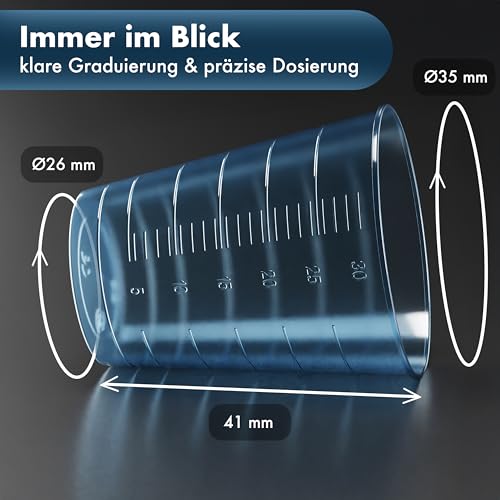 Theracaso® Medizinbecher 30 ml – stabiler Schnapsbecher, Mischbecher & Messbecher aus PP – graduiert & stapelbar – für Pflege, Labor, Party, Basteln – Made in Germany (60, Farbmix)