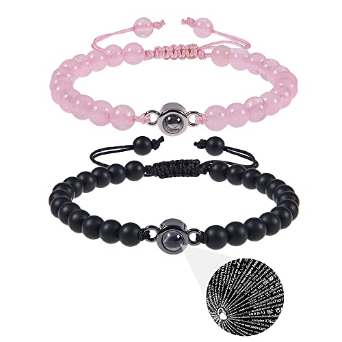 Image of Pingyongchang 2Pcs Natural Stone Bracelets 100 Languages I Love You Bracelets Graduation Gifts,Couple's Memorial Gifts for Boyfriend,Girlfriend,My Love-Black and Pink