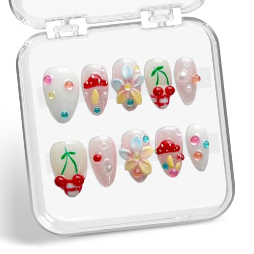 Flower Press on Nails Glitter Short Almond Handmade 3D Cherry