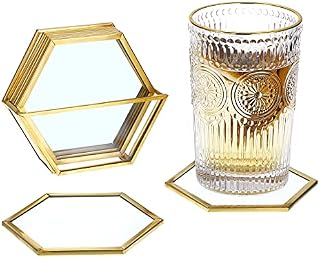 SUMTree Gold Glass Drink Coasters with Holder, 7Pcs Cup Pad Mats, Coasters for Coffee Beer Tea Wine, Washable Cup Mats, Glass Cup Coaster, Hexagon