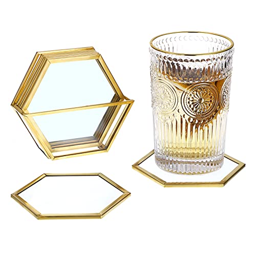 SUMTree Gold Glass Drink Coasters with Holder, 7Pcs Cup Pad Mats, Coasters for Coffee Beer Tea Wine Washable Cup Mats