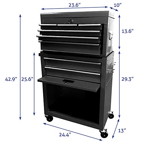 8 Drawers Large Space Capacity Rolling Tool Chest, 2 in 1 Mobile Lockable Drawers Steel Tool Box Cabinet and Storage Organizer Cart with Wheels, Toolbox Combo for Workshop Garage (Black)