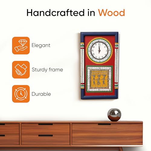 Image of AAKRITI ART CREATIONS Wall Clock Handcrafted Warli Art Red Dial with Glass Frame Blue, Red | Wall Clock for Home, Home Decoration | Lightweight Wooden wall Decor | Matte Finish