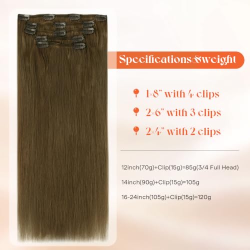Image of Sunny Hair Clip in Hair Extensions Real Human Hair Light Brown 12 Inch | Remy Hair Extensions Clip Ins, Soft Layers and Blended Ends with Natural Looking for Quick Daily Styling, Easy to Apply 85g