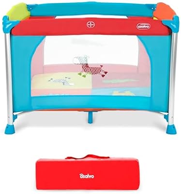Parque Infantil ALUMINIUM 96x96 cm - Plegable, con Suelo Acolchado, Patas de Aluminio, Malla Transpirable y Bolsa de Transporte, Centro de Juegos Seguro para Bebés - Jungla de Colores Asalvo