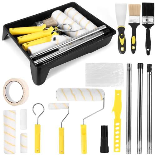 Juego de rodillos de pintura, juego de 14 bandejas, rodillo de pintura de 9 pulgadas con bandeja de extensión de barra, funda de pincel, raspador, soporte de lavado, juego de superficies de