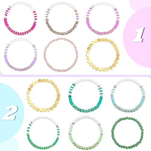 Yaomiao 28 Pcs 4 Set Heishi Surfer Bracelets Set Colorful Preppy Smile Evil Eye Beaded Stretch Bracelets Clay Stackable Boho Disc Party Gifts Y2k Aesthetic Summer Beach Jewelry for Women Girls