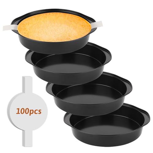 8 Inch Cake Pan with Handle - 4 Pack Carbon Steel Cake Pans with 100 PCS Parchment Paper, Nonstick, Easy Demolding, Dishwasher Safe