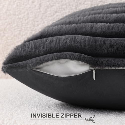 Image of Pallene Faux Fur Plush Throw Pillow Covers 18x18 Set of 2, Luxury Soft Fluffy Striped Decorative Pillow Covers for Sofa, Couch, Living Room, Dark Grey