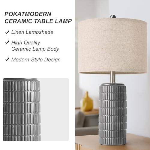 Image of PoKat 23 inch Ceramic Dark Gray Table Lamps Set of 2 for Living Room, Modern Bedside Lamps for Bedroom, Farmhouse Nightstand Lamp for Home Office Guest Room Sideboard Entryway Decor Gifts