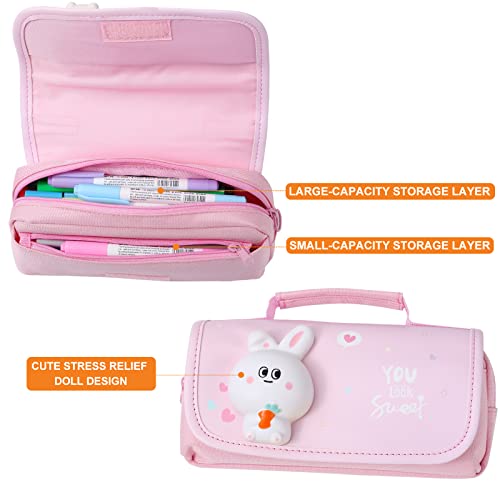 Tergopa Cute Pencil Pouch Large Pencil Case With Handle Kawaii Pencil Case For Kids Girls With Stress Relief Doll Portable Big Pens Bag Organizer For School Home Pink #TOP6