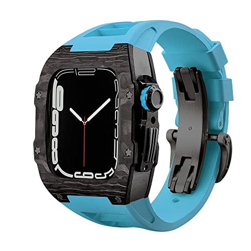 CNHKAU Luxury Strap Carbon Fiber Case for Apple Watch 8 7 45mm Band Cover Fluorine Rubber Mod Kit for iwatch 6 5 4 SE 44mm Bracelet (Color : Blue Black, Size : 45MM)