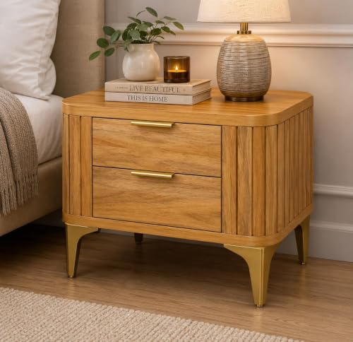 Image of Solid Sheesham Wood Bedside Table for Bedroom & Livingroom | Nightstand End Table with 2 Drawers Storage for Home | Modern & Luxury Design| (Honey Finish 1)