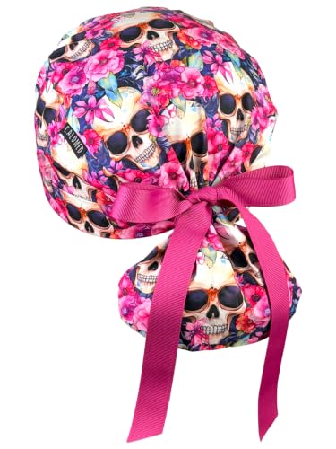 Image of Scrub Cap for Women and Men, Ponytail Scrub Caps, Working Hat, Head Cover with Ribbon Ties and Buttons, Long Hair
