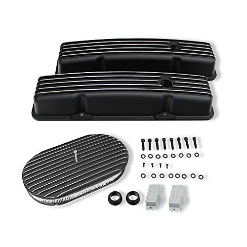 Demotor Performance Finned Aluminum Short Valve Covers For Sbc 283 350 & 15"X 2" Oval Full Finned Air Cleaner Black #TOP7