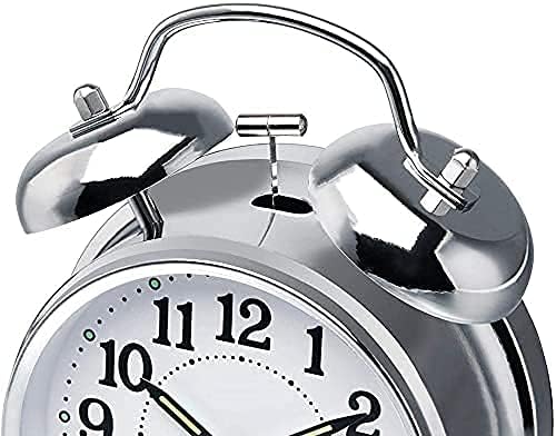 Miniatura 2 de SHENKY Reloj despertador de campana doble de 4 pulgadas sin tictac, esfera 3D con marco de metal con función de retroiluminación, reloj de mesa de