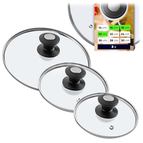 KADAX Lot de couvercles de casserole universels en verre avec poignée, résistants à la chaleur, différentes tailles, couvercle en verre pour casserole (16 + 18 + 20 cm, poignée noire et argentée)