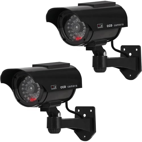 ERWEY 2 Stück Dummy Kamera Solar Betriebene Simulierte Surveillance Sicherheit Kamera mit Blinkendem LED Licht für Innen- und Außenbereich Schwarz