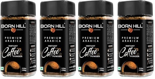 Image of BORN HILL Premium Instant Coffee Combo Pack, 2x100g | 100% Pure Arabica 0% Chicory | Medium Roast | Ground Coffee powder | Makes 100 cups | Strong & Rich Brew (Pack of 2)