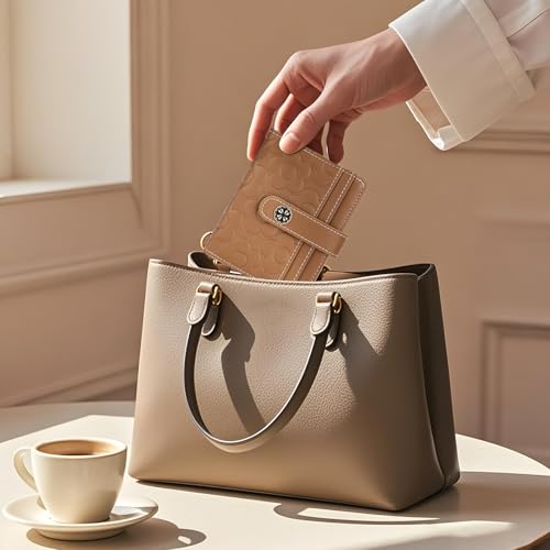 Image of RFID Wallet Women,Slim Small Wallets Embossed Flower Leather Bifold Compact Ladies Girls Wallet with Credit Card Holder Zipper Coin Pocket Brown