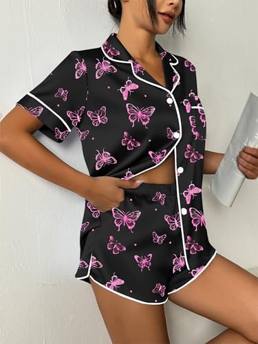 Image of Ekouaer Womens Silk Satin Pajama Set Print Short Sleeve Sleepwear Button Down Pjs Shorts Set Loungewear