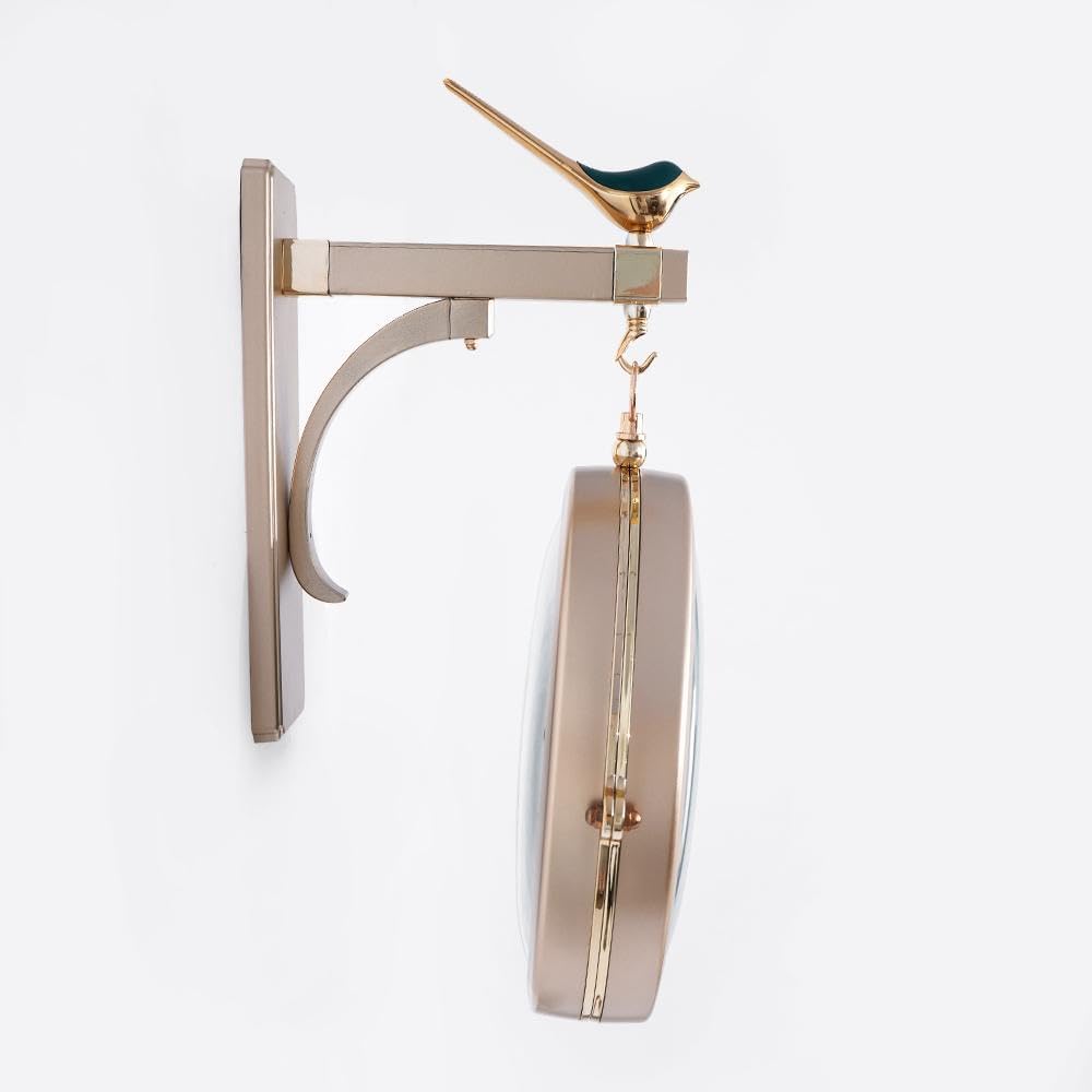 Double Sided Wall Clock with Bird Figurine – Vintage Roman Numerals, Decorative Metal and Glass Hanging Clock, Battery Operated for Living Room Decor (Green)