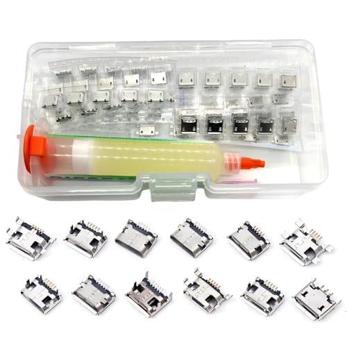 ProCircFix 60-Piece 12-Types Micro USB Female Socket Kit with Soldering Flux, 5-Pin Sockets & USB Adapters for Mobile Phone Toy Circuit Board Welding Maintenance (Solder Dip SMD SMT)